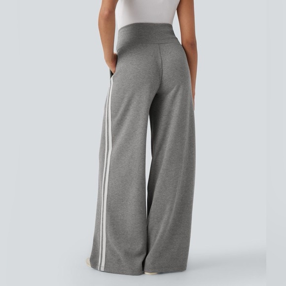 Halara Ribbed High Waisted Tummy Control Drawstring Wide Leg Gray Trousers - Picture 4 of 11